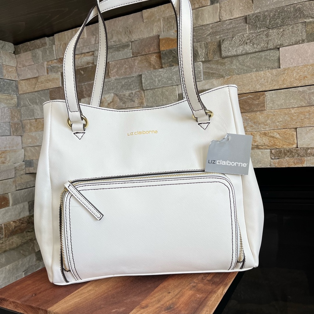 Liz Claiborne White Tote Bag with Front Zip Pocket – NWT